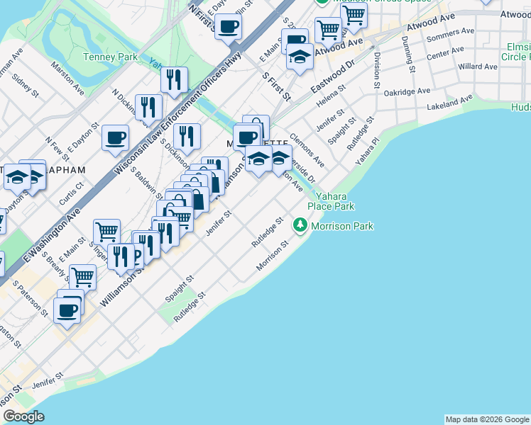map of restaurants, bars, coffee shops, grocery stores, and more near 1418 Rutledge Street in Madison