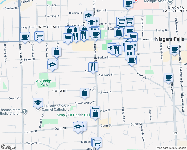 map of restaurants, bars, coffee shops, grocery stores, and more near 6235 Drummond Road in Niagara Falls
