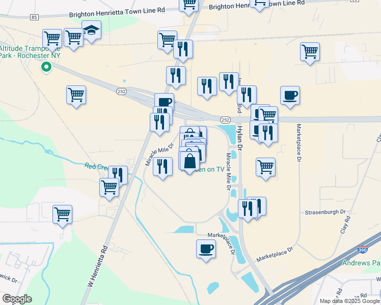 map of restaurants, bars, coffee shops, grocery stores, and more near 25 Miracle Mile Drive in Rochester