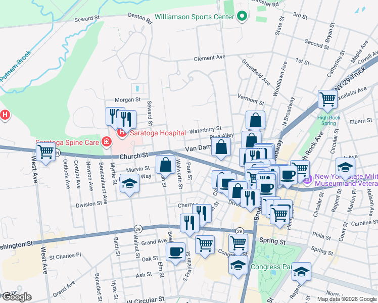 map of restaurants, bars, coffee shops, grocery stores, and more near 130 Van Dam Street in Saratoga Springs