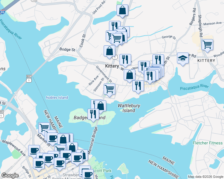 map of restaurants, bars, coffee shops, grocery stores, and more near 11 Pleasant Street in Kittery