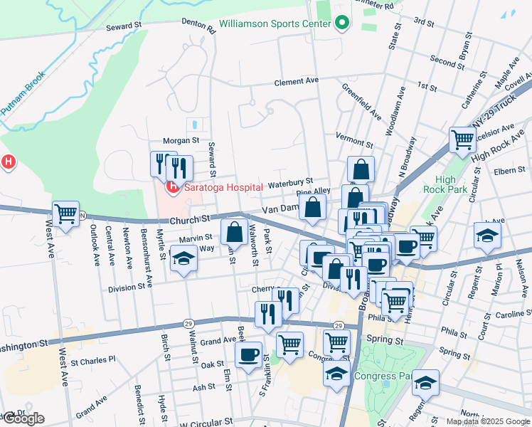 map of restaurants, bars, coffee shops, grocery stores, and more near 118 Church Street in Saratoga Springs