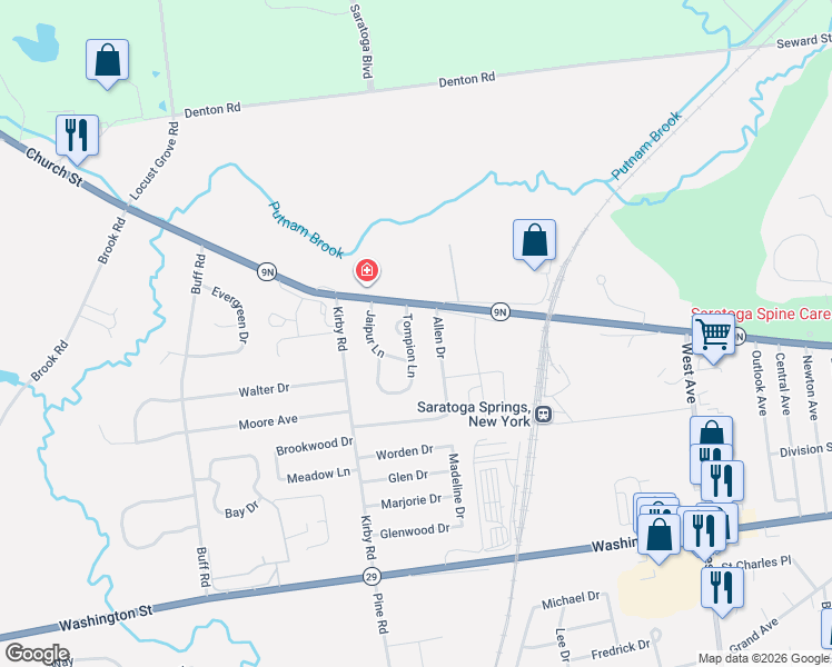 map of restaurants, bars, coffee shops, grocery stores, and more near 28 Tompion Lane in Saratoga Springs