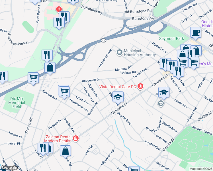 map of restaurants, bars, coffee shops, grocery stores, and more near 104 Cornwall Avenue in Utica