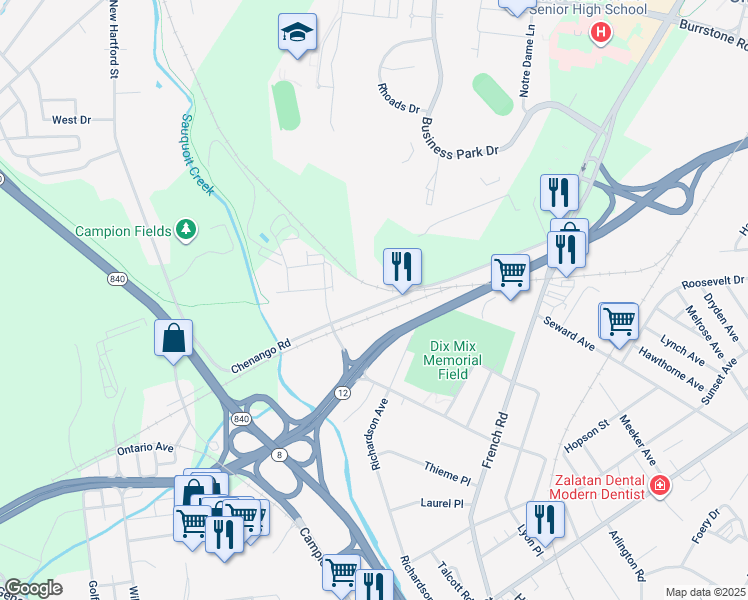 map of restaurants, bars, coffee shops, grocery stores, and more near 2427-2429 Chenango Road in Utica