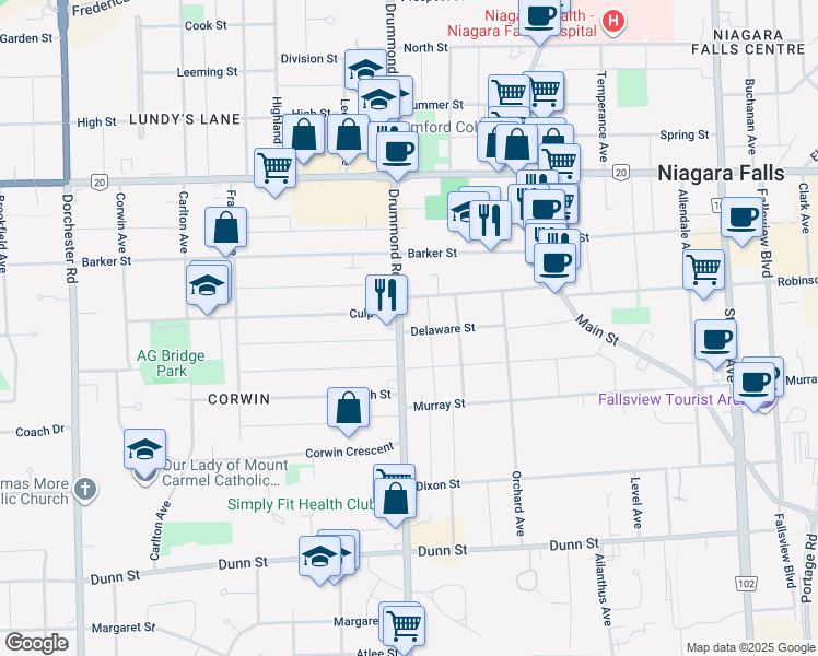 map of restaurants, bars, coffee shops, grocery stores, and more near in Niagara Falls