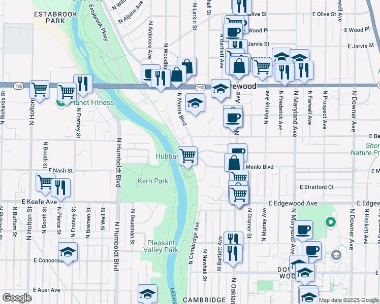 map of restaurants, bars, coffee shops, grocery stores, and more near 3621 North Morris Boulevard in Shorewood