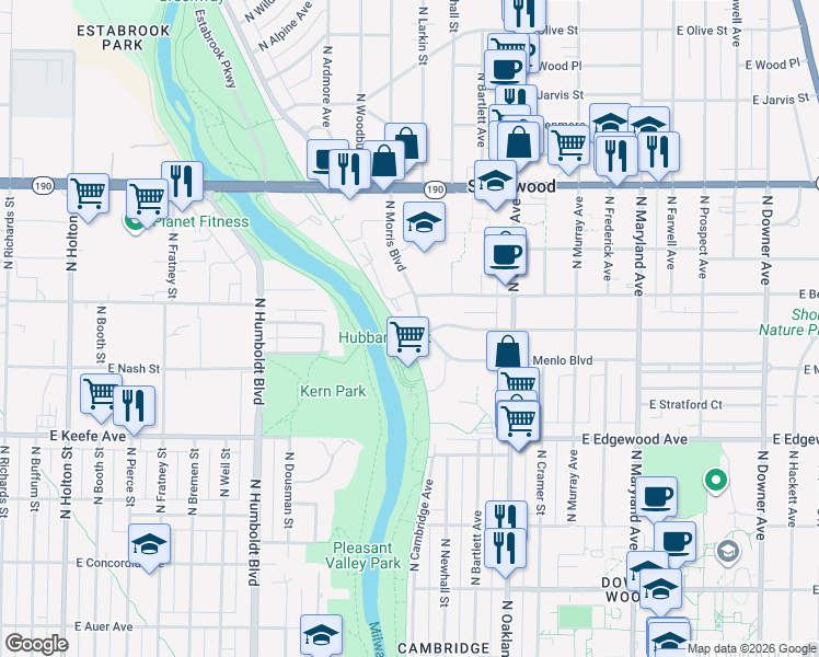 map of restaurants, bars, coffee shops, grocery stores, and more near 3621 North Morris Boulevard in Shorewood
