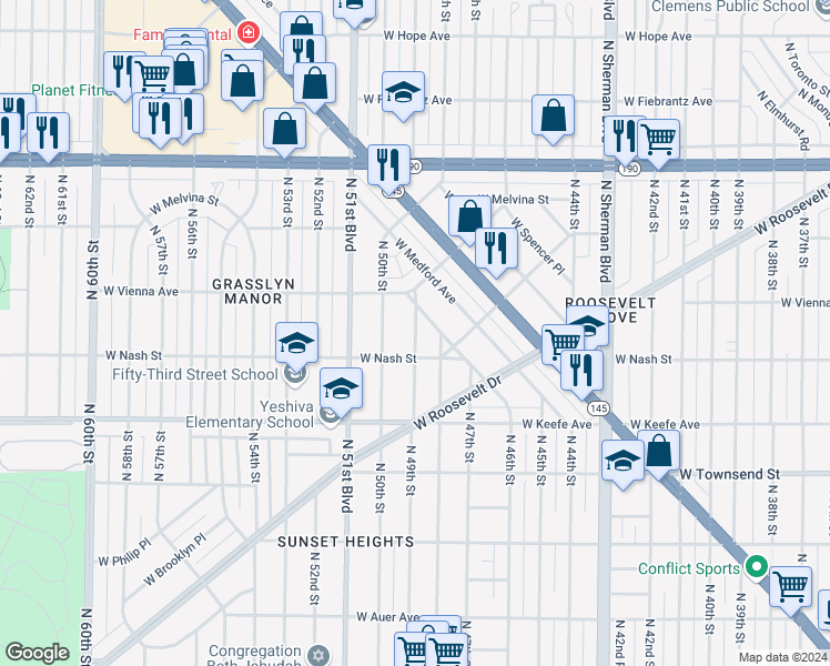 map of restaurants, bars, coffee shops, grocery stores, and more near 3701 North 49th Street in Milwaukee