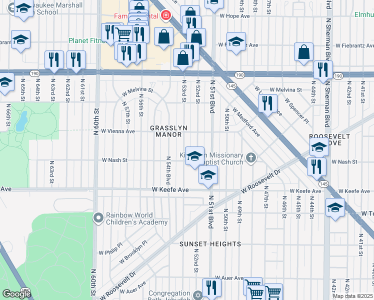map of restaurants, bars, coffee shops, grocery stores, and more near 3702 North 53rd Street in Milwaukee