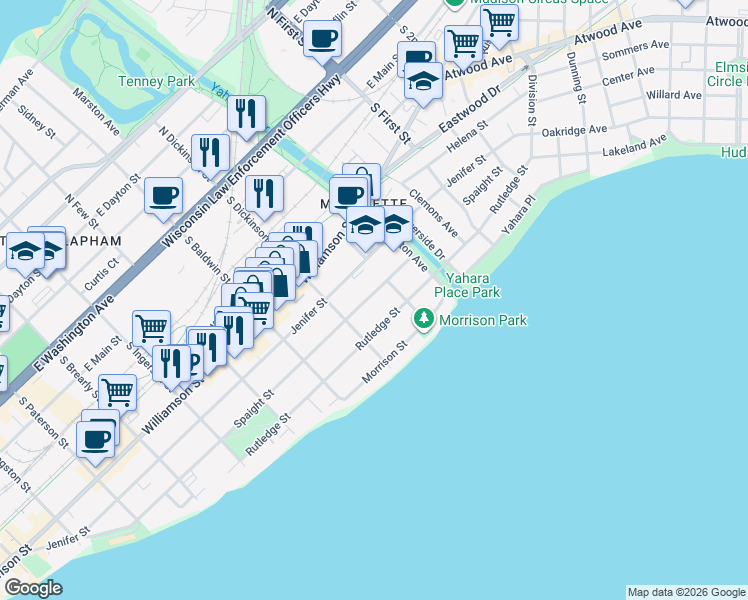 map of restaurants, bars, coffee shops, grocery stores, and more near 1418 Rutledge Street in Madison