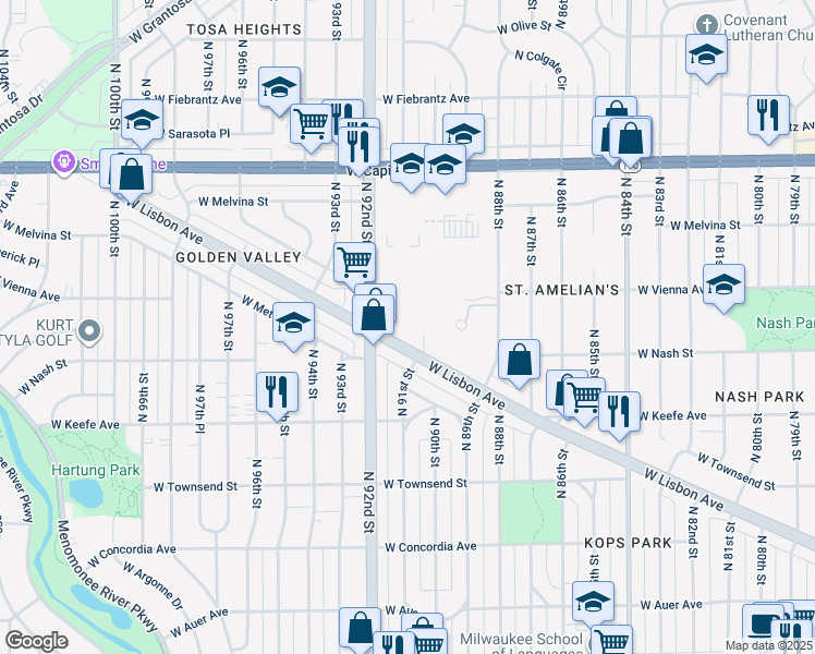 map of restaurants, bars, coffee shops, grocery stores, and more near 9100 West Lisbon Avenue in Milwaukee