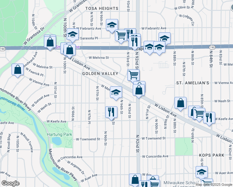 map of restaurants, bars, coffee shops, grocery stores, and more near West Metcalf Place in Milwaukee