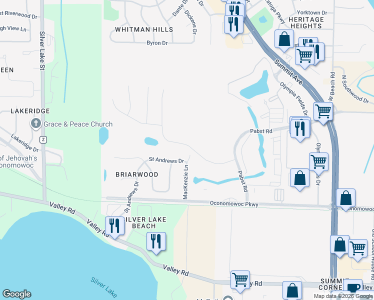 map of restaurants, bars, coffee shops, grocery stores, and more near 870 Saint Andrews Drive in Oconomowoc