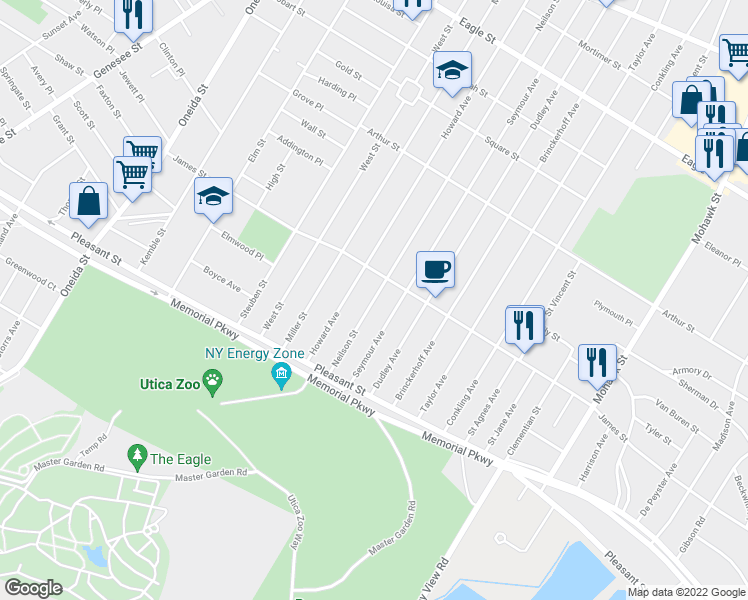map of restaurants, bars, coffee shops, grocery stores, and more near 1614 Neilson Street in Utica