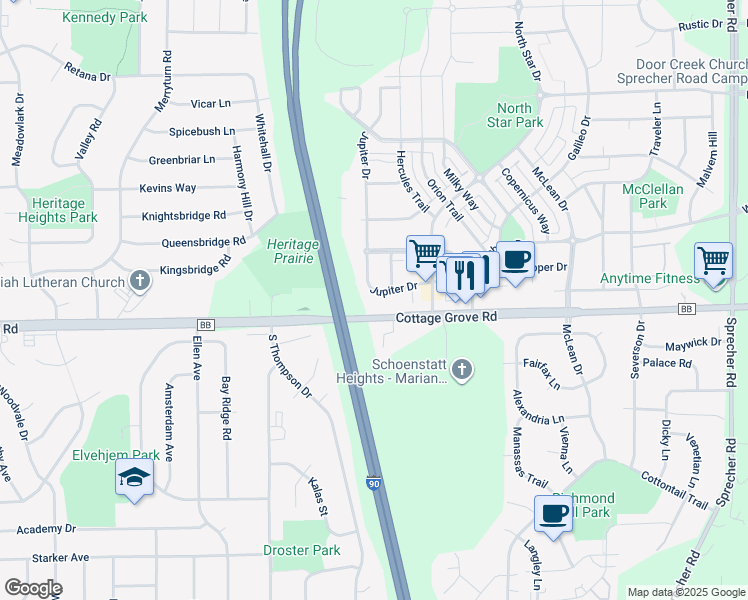map of restaurants, bars, coffee shops, grocery stores, and more near 834 Jupiter Drive in Madison