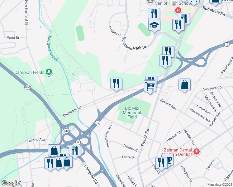 map of restaurants, bars, coffee shops, grocery stores, and more near 2427 Chenango Road in Utica