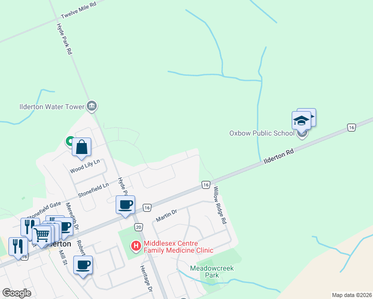 map of restaurants, bars, coffee shops, grocery stores, and more near 13464 Ilderton Road in Ilderton