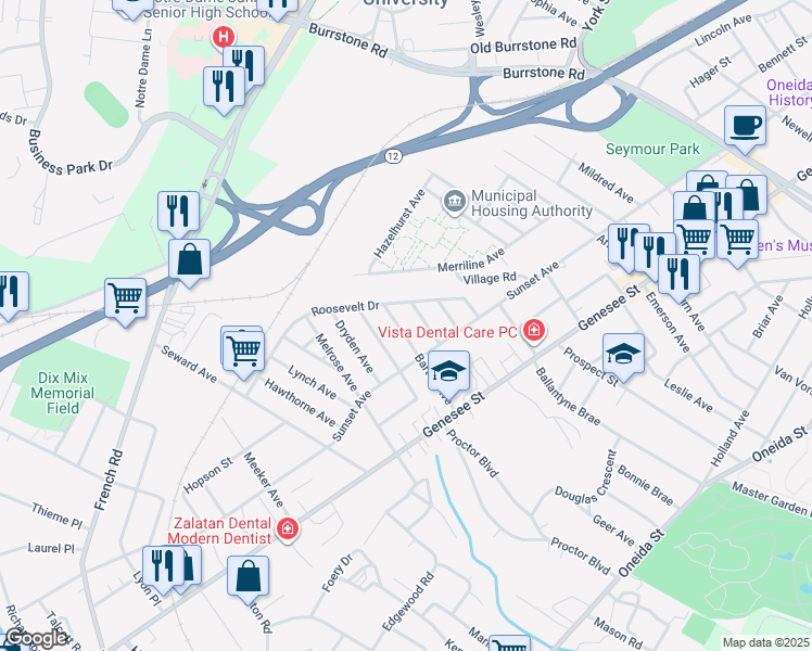 map of restaurants, bars, coffee shops, grocery stores, and more near 104 Cornwall Avenue in Utica