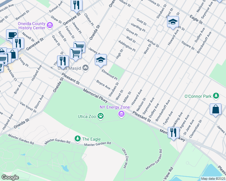 map of restaurants, bars, coffee shops, grocery stores, and more near Steuben Street & Boyce Avenue in Utica