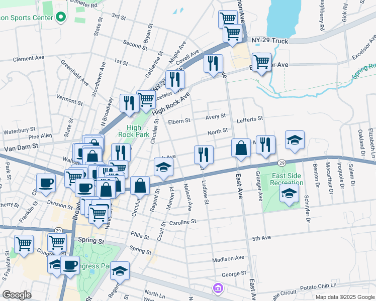 map of restaurants, bars, coffee shops, grocery stores, and more near 63 York Avenue in Saratoga Springs