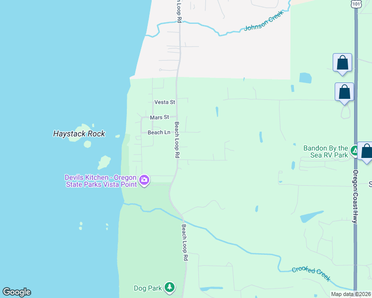 map of restaurants, bars, coffee shops, grocery stores, and more near 87190 East Jupiter Lane in Bandon