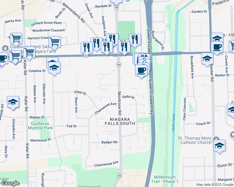 map of restaurants, bars, coffee shops, grocery stores, and more near 6151 Montrose Road in Niagara Falls
