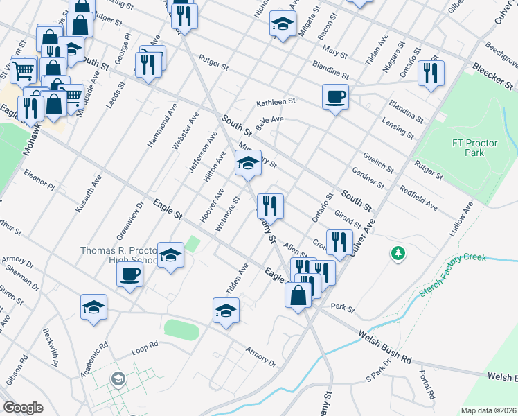 map of restaurants, bars, coffee shops, grocery stores, and more near Albany Street in Utica