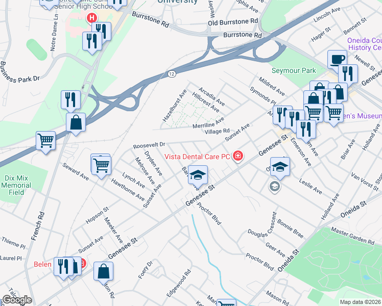 map of restaurants, bars, coffee shops, grocery stores, and more near 2230 Sunset Avenue in Utica