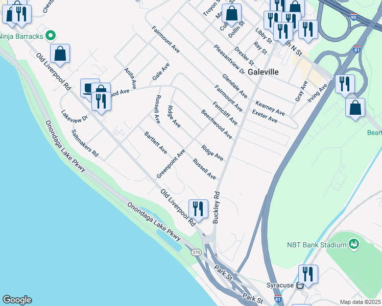 map of restaurants, bars, coffee shops, grocery stores, and more near 124 Russell Avenue in Liverpool