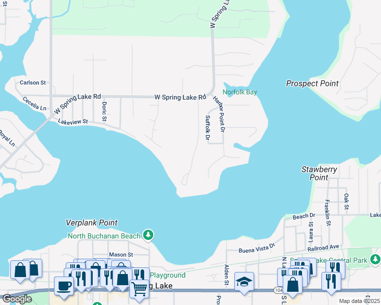 map of restaurants, bars, coffee shops, grocery stores, and more near 16006 Harbor Point Drive in Spring Lake