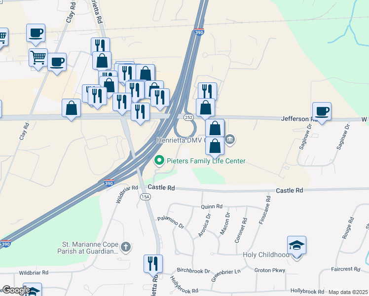 map of restaurants, bars, coffee shops, grocery stores, and more near 700 Commons Way in Rochester