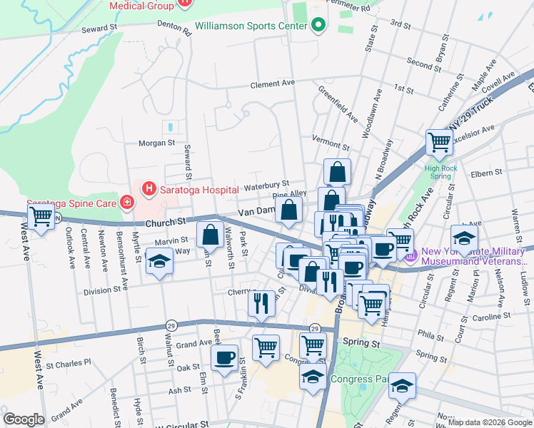 map of restaurants, bars, coffee shops, grocery stores, and more near 25 Lawrence Street in Saratoga Springs
