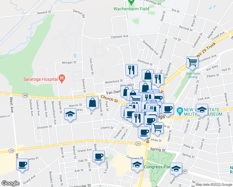 map of restaurants, bars, coffee shops, grocery stores, and more near 61 Lawrence Street in Saratoga Springs