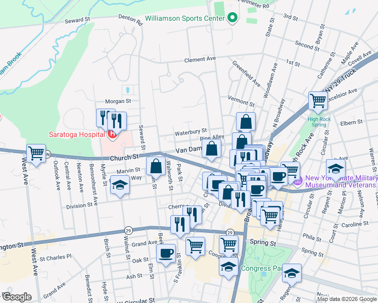 map of restaurants, bars, coffee shops, grocery stores, and more near 118 Church Street in Saratoga Springs