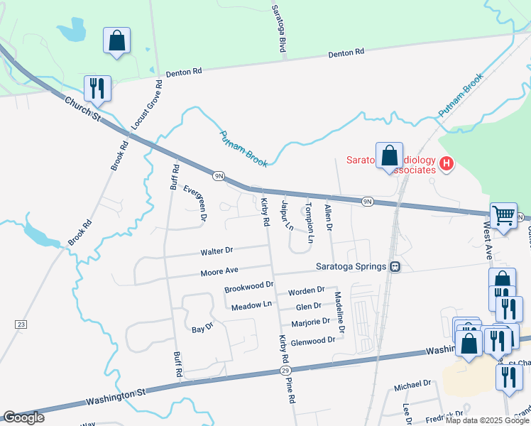 map of restaurants, bars, coffee shops, grocery stores, and more near 14 Kirby Road in Saratoga Springs
