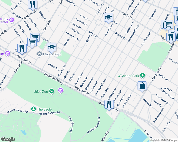 map of restaurants, bars, coffee shops, grocery stores, and more near 1621 Neilson Street in Utica