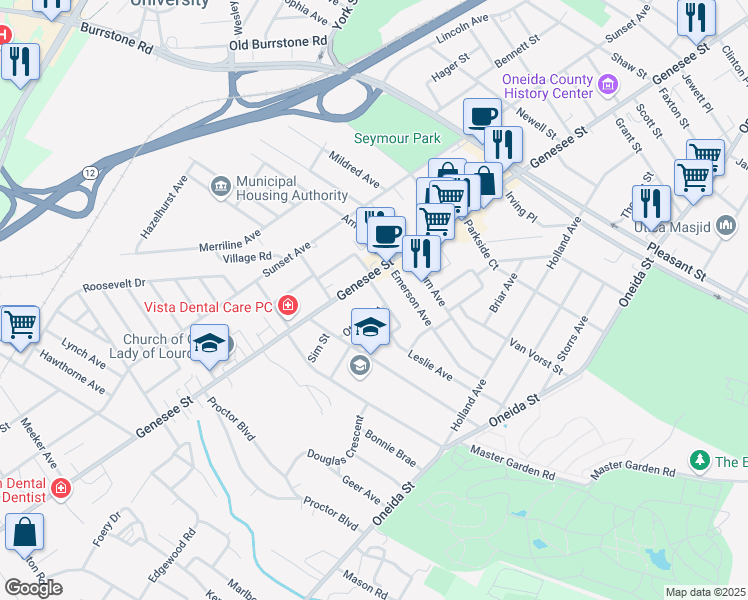 map of restaurants, bars, coffee shops, grocery stores, and more near 2107 Ottillia Street in Utica