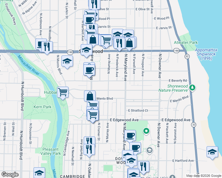 map of restaurants, bars, coffee shops, grocery stores, and more near 3606 North Murray Avenue in Milwaukee