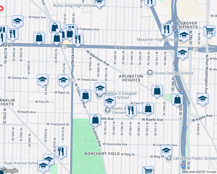 map of restaurants, bars, coffee shops, grocery stores, and more near 3629 North 16th Street in Milwaukee
