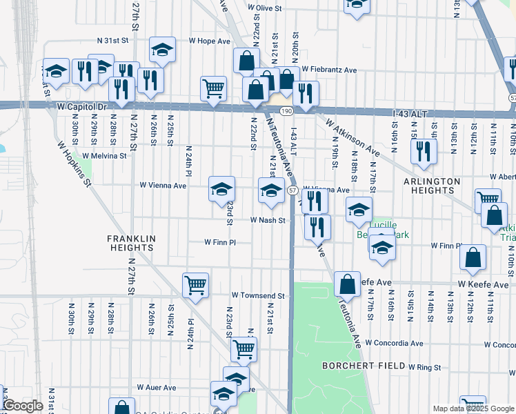 map of restaurants, bars, coffee shops, grocery stores, and more near 2121 West Nash Street in Milwaukee