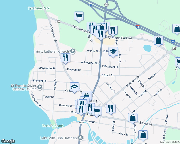 map of restaurants, bars, coffee shops, grocery stores, and more near 112 West Grant Street in Lake Mills