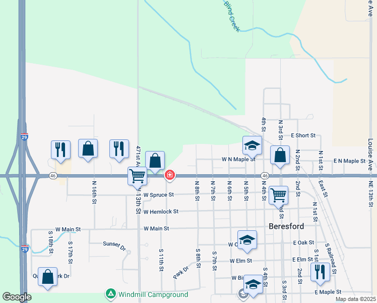 map of restaurants, bars, coffee shops, grocery stores, and more near 401 North 8th Street in Beresford