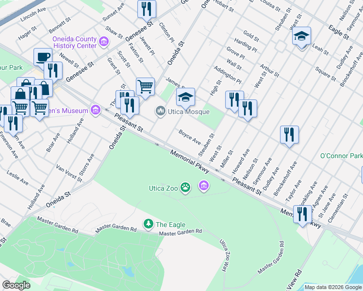 map of restaurants, bars, coffee shops, grocery stores, and more near Memorial Pkwy in Utica