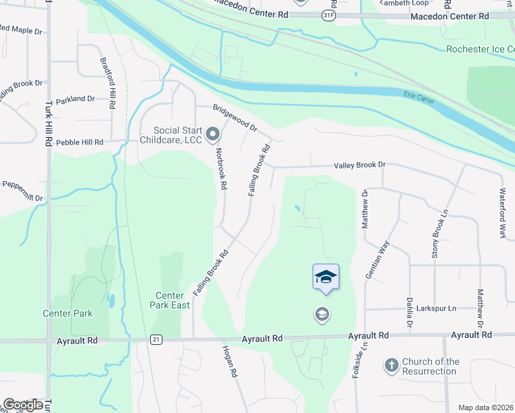 map of restaurants, bars, coffee shops, grocery stores, and more near 46 Falling Brook Road in Fairport