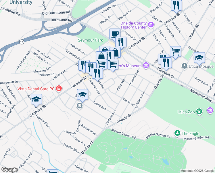 map of restaurants, bars, coffee shops, grocery stores, and more near 42 Auburn Avenue in Utica