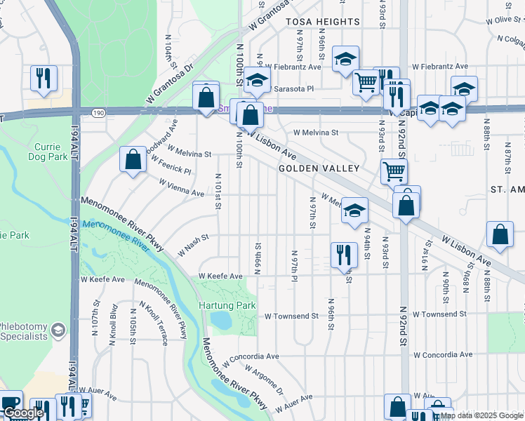 map of restaurants, bars, coffee shops, grocery stores, and more near in Wauwatosa