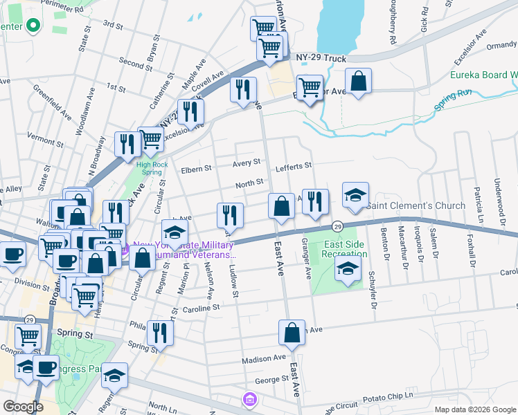 map of restaurants, bars, coffee shops, grocery stores, and more near 124 York Avenue in Saratoga Springs
