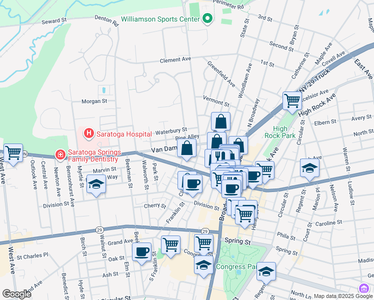 map of restaurants, bars, coffee shops, grocery stores, and more near 83 Walton Street in Saratoga Springs