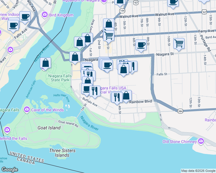 map of restaurants, bars, coffee shops, grocery stores, and more near 256 3rd Street in Niagara Falls